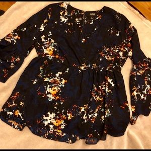 Navy Blue & Floral Blouse w/ Peplum Sleeves